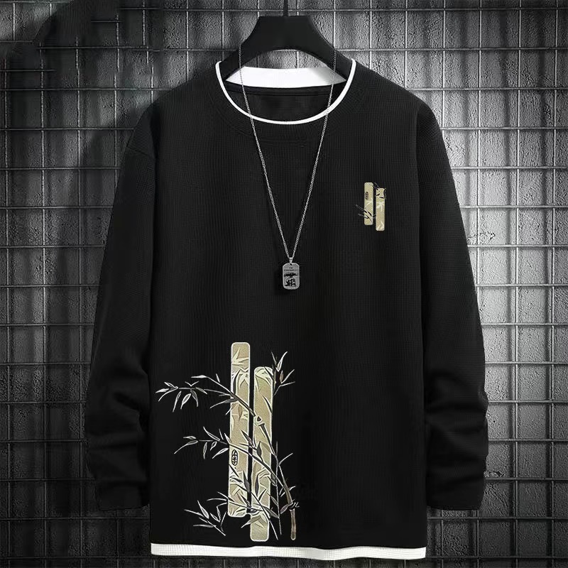 Waffle men's faux two-piece spring and autumn sweatshirt, plus size, loose fit, slimming long-sleeved t-shirt, wholesale.