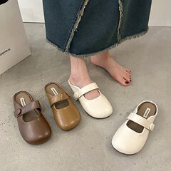 軟底軟皮包頭半拖鞋女外穿2023秋季新款一腳蹬甜美平底涼拖勃肯鞋