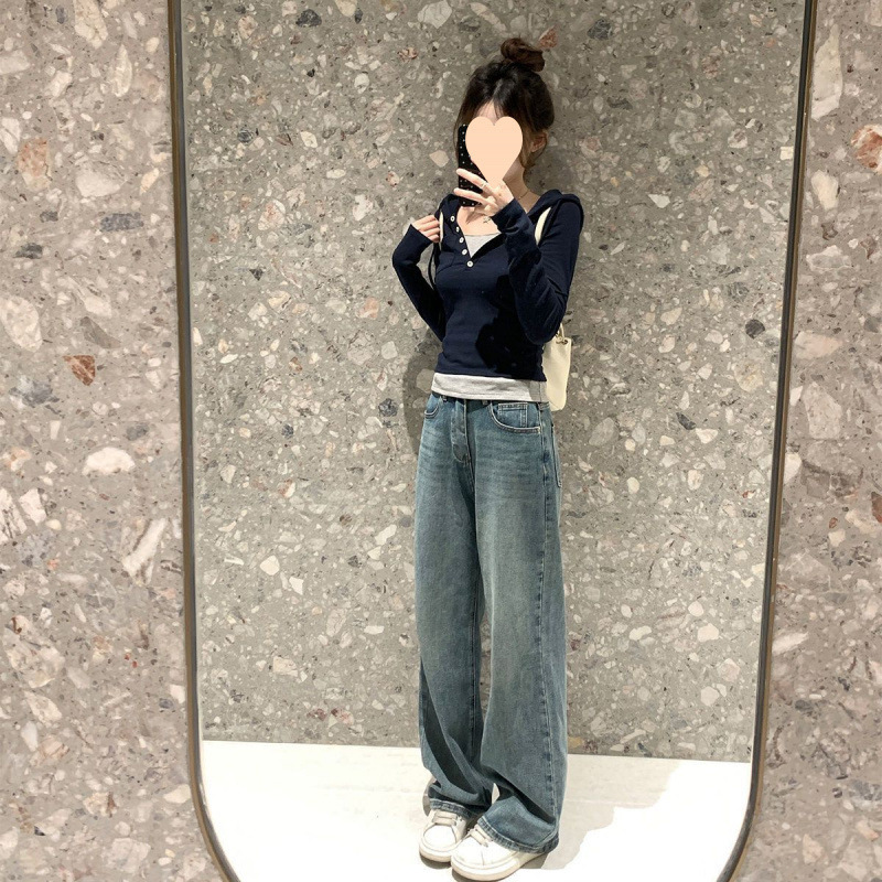 大码设计感纽扣连帽长袖恤女2025秋季修身显瘦假两件小众上衣|undefined