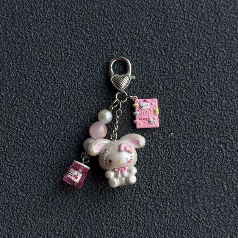 甜美粉色蝴蝶结kitty猫串珠手机链可爱少女心包包挂链钥匙扣链女|undefined
