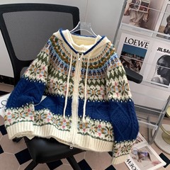 费尔岛复古麻花连帽毛衣卫衣外套女秋冬外穿2025新款宽松慵懒开衫