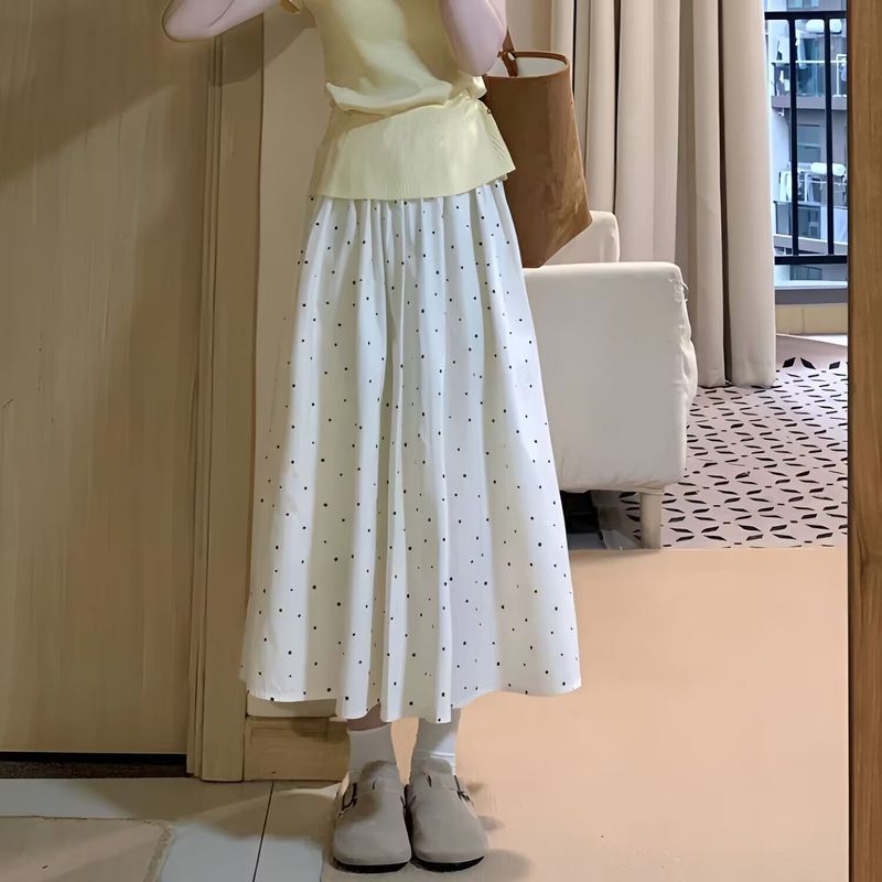 水玉模様の白いスカート女性の夏の新しいハイウエスト A ライン多用途シンプルな痩身ミッドレングスフレンチアンブレラスカートトレンディ|undefined