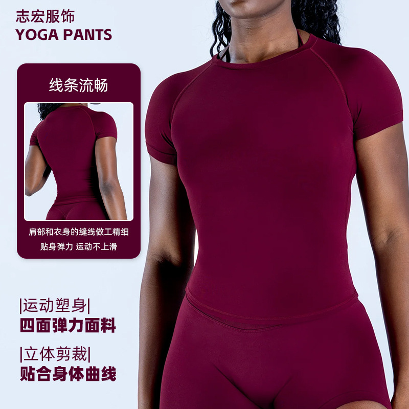 Dfyne Cross-Border Quick-Drying Yoga Wear High-Elastic Seamless Short-Sleeved T-Shirt Running Sports Moisture-Wicking Sports Top for Women