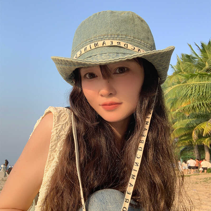 Gorra de pescador con cordones de letras retro coreanas para mujer, sombrero de lavabo de todo fósforo casual de primavera y verano, sombrero de montañismo de mezclilla occidental