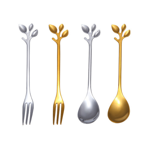 410 stainless steel leaf fork and spoon, golden coffee spoon, cake dessert spoon, fruit salad fork and spoon with engraved logo