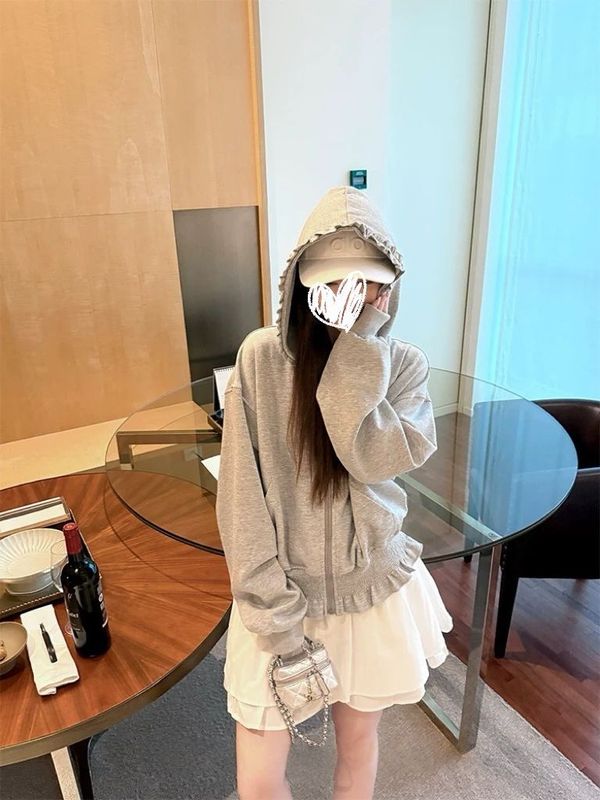 【自家工厂现货】韩系拉链连帽卫衣外套女外搭开衫木耳边长袖上衣|undefined
