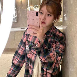 韩版撞色格子长袖衬衫女2025新款早秋装宽松百搭oversize上衣外套