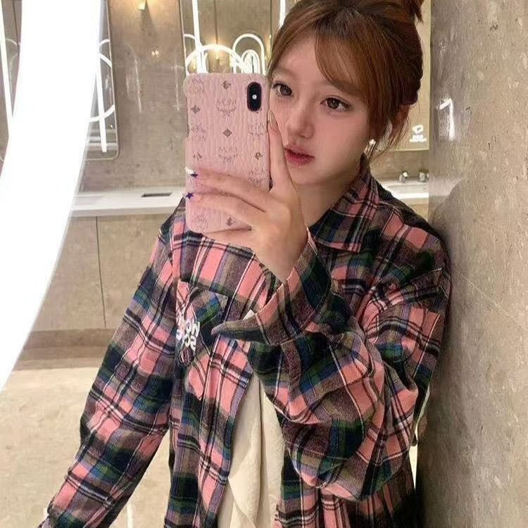 Korean Style Contrast Color Plaid Long Sleeve Shirt Women's 2025 New Early Autumn Loose All-match oversize Top Jacket