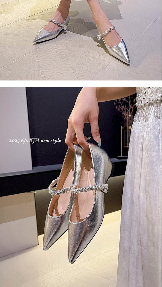 Giày cao gót nữ mũi nhọn quai ngang đính pha lê, đế xuồng độn cao bên trong, gót thấp dưới 3 cm — Màu bạc, Màu mơ, Màu vàng nhạt chi tiết 10