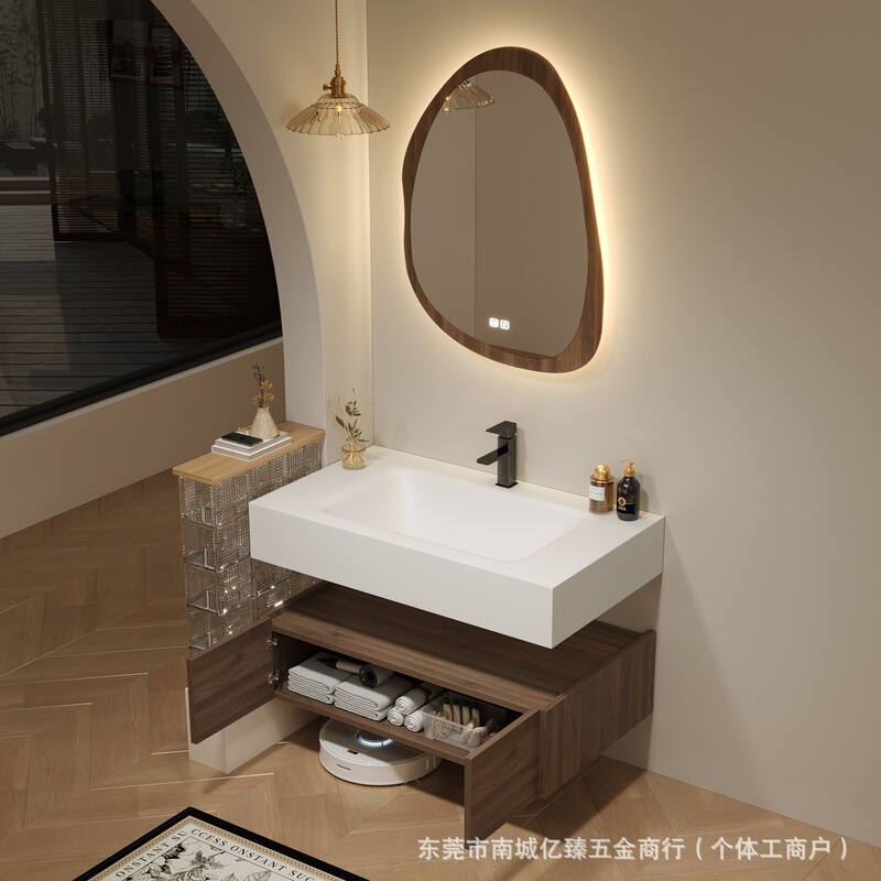 Bathroom Cabinet with Vintage-Style Rock Slab Integrated Basin, Restaurant-Style Washbasin Cabinet, Vintage-Style Bathroom Cabinet