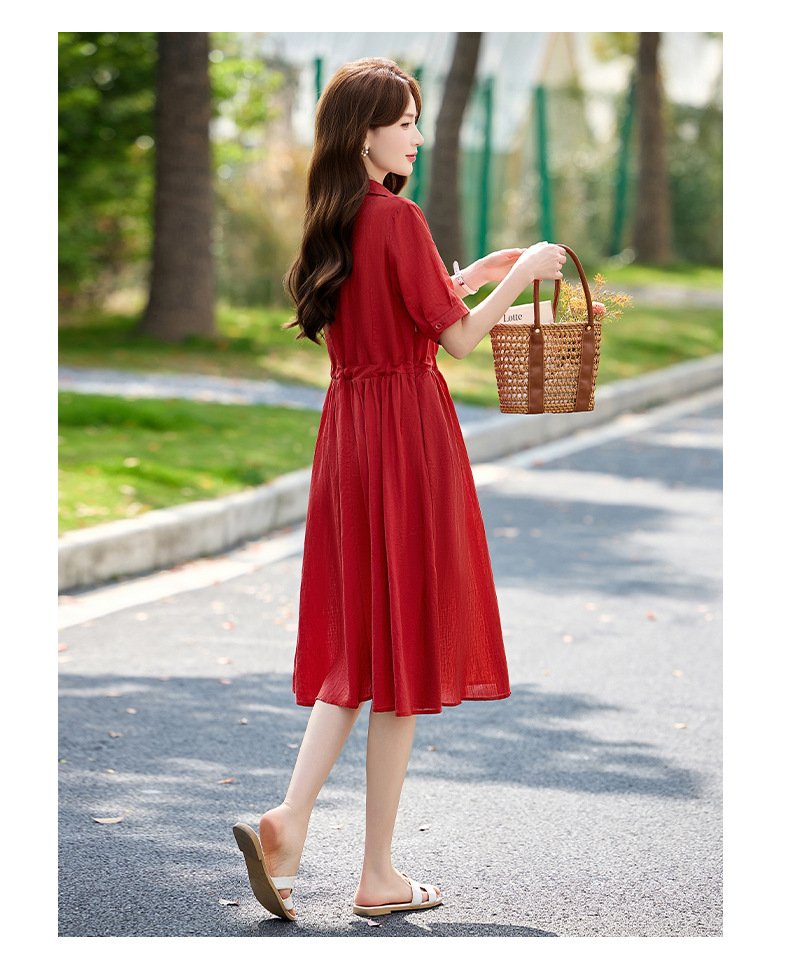 Đầm suông nữ midi dây rút eo cổ điển tay ngắn — Xanh lông mòng đen, màu đỏ chi tiết 22