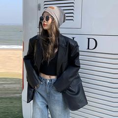 中长款黑色皮衣西装外套女宽松2025春秋新款PU皮感炸街西服女