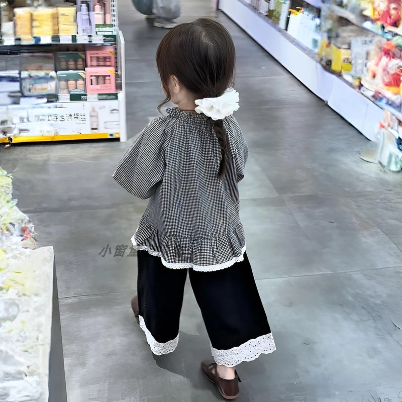 女童韩版蕾丝花边格子娃娃衫套装2025春秋新款儿童宝宝洋气阔腿裤|undefined