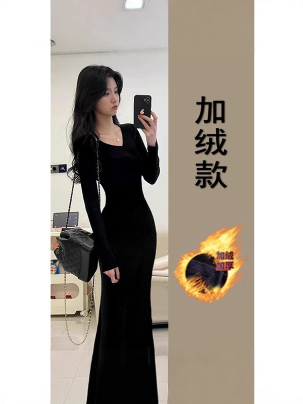 黑色穿搭v领步步生莲鱼尾裙女冬季针织内搭连衣裙v领赫本风连衣裙|undefined