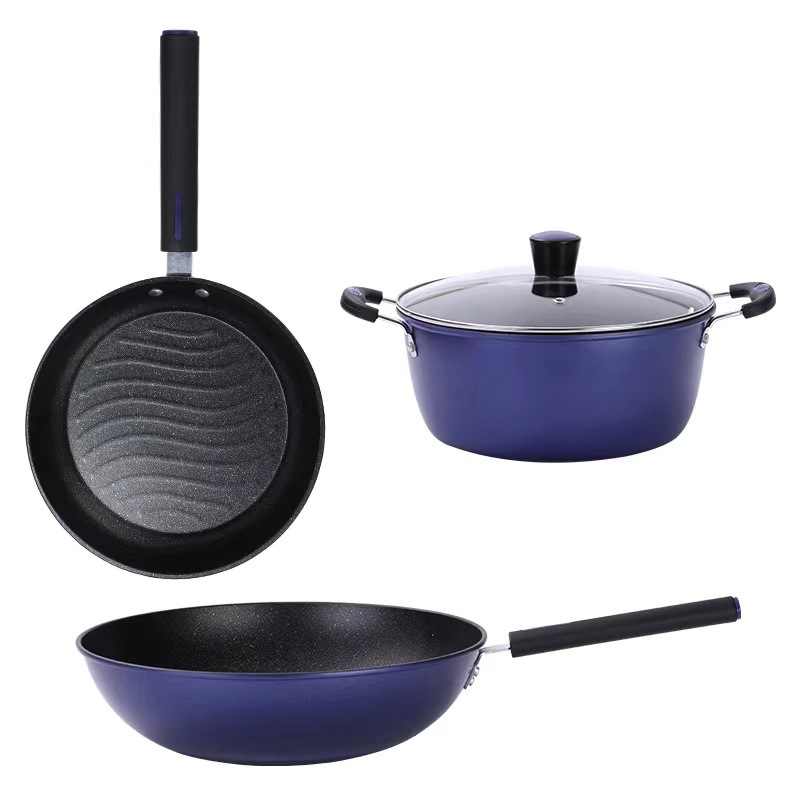 Cross border Best Sellers new pattern Maifanite Wok Three violet non-stick cookware Flat bottom Iron pot suit Two piece set