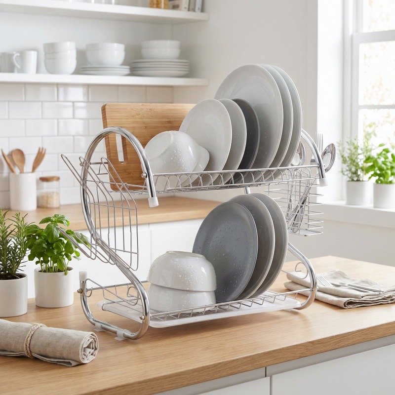 Escurridor de Platos Doble Capa Tipo S de Hierro con Soporte para Cuchillos para Encimera de Cocina image 5