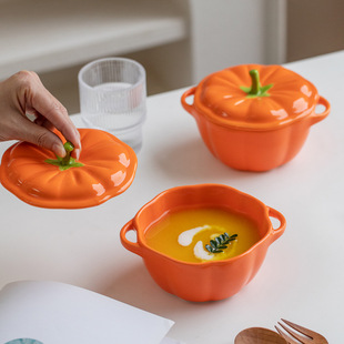 Pumpkin Binaural Creative Ceramic Household Steamed Egg Custard Stew Pot Soup Pot with Lid Waterproof Bird's Nest Dessert Stew Pot Soup Bowl