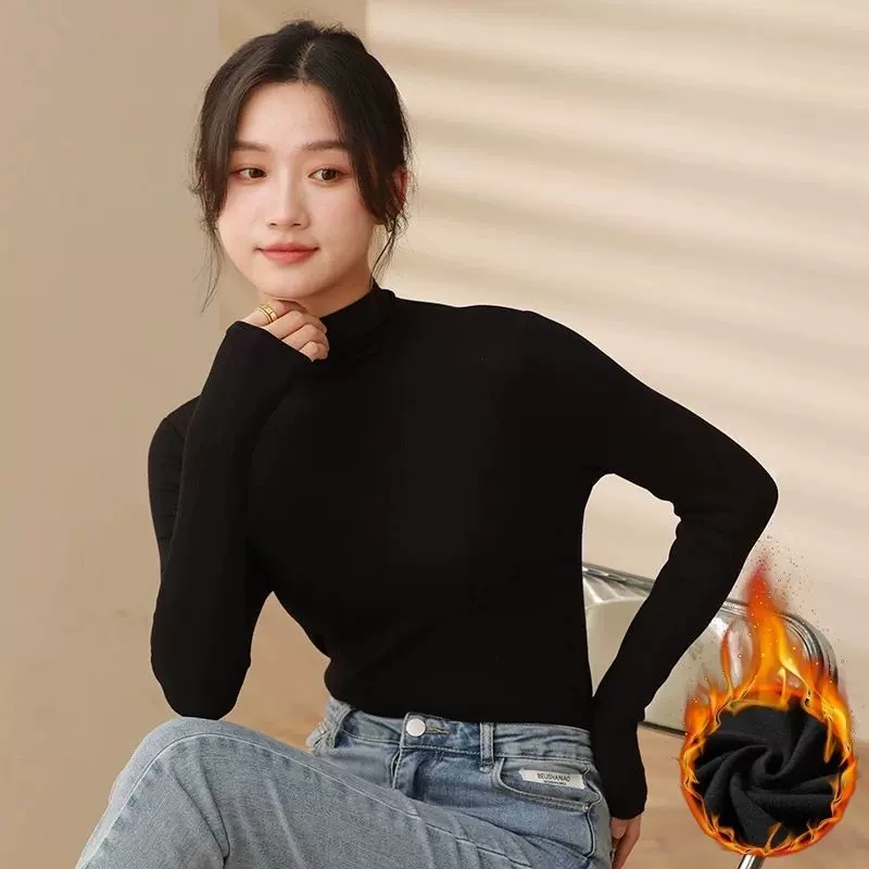 8888-莫代尔半高领秋冬打底衫女内搭磨毛加厚长袖外穿T恤保暖上衣