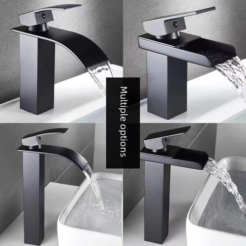 Waterfall faucet factory direct sale Nordic black cold and hot flat spout basin faucet 304 stainless steel countertop basin