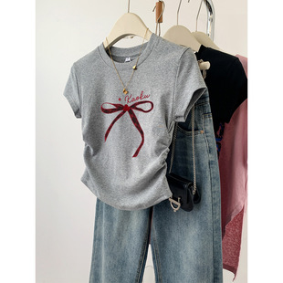 European Grey Bow Short Short-sleeved Round Neck T-shirt Women's Summer New Niche Slight Fat Girl Hot Girl Top Trendy