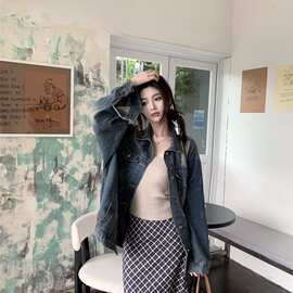 韩系宽松立领做旧牛仔外套女 复古水洗蓝休闲百搭牛仔上衣