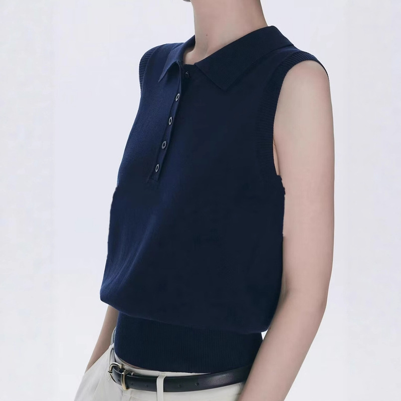 Korean-Style Slimming and Elegant Outfits/College-Style Polo Collar Sleeveless Knitted Vest for Women, Summer Retro Versatile Top Trendy