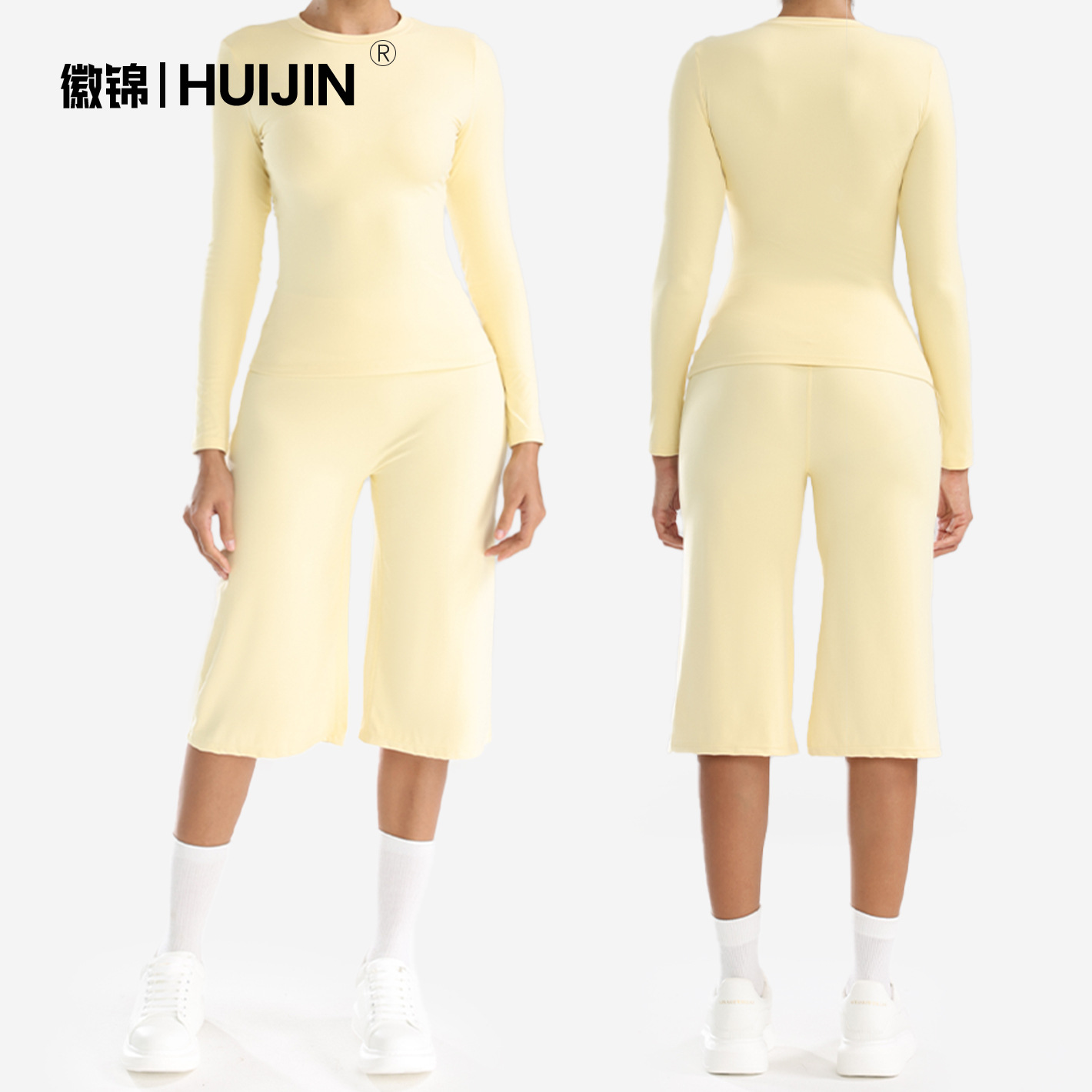 European and American high-elasticity brushed yoga outfit for women, suitable for outdoor wear, long-sleeved wide-leg yoga pants set, sports and fitness clothing
