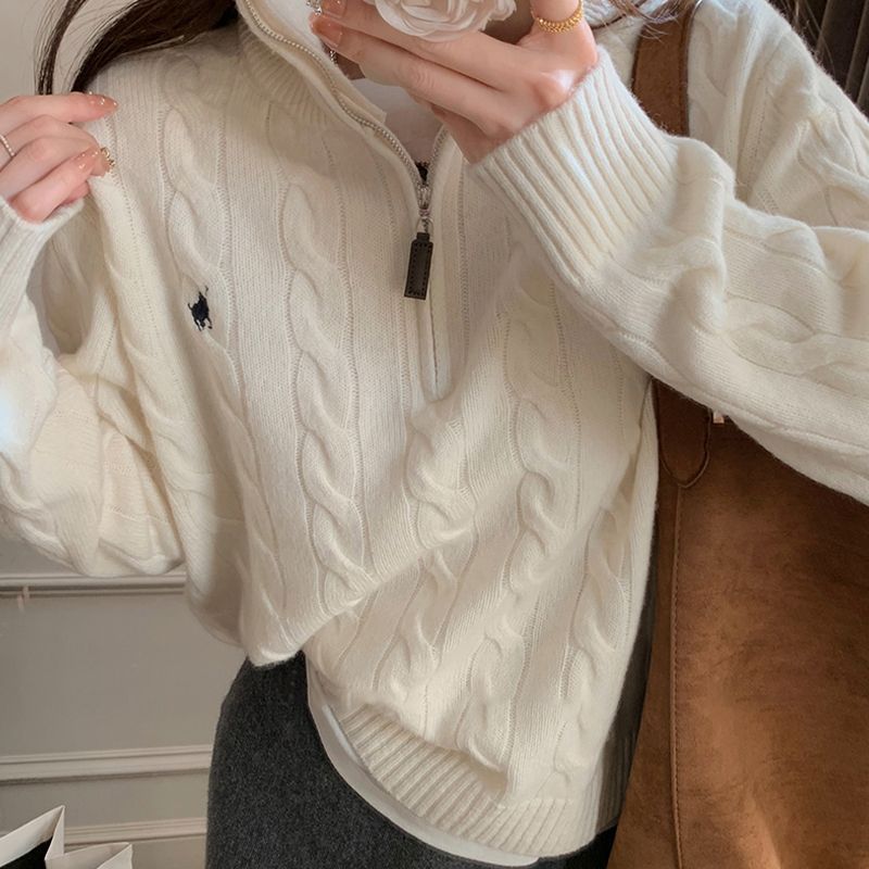 跨境秋冬半拉链麻花刺绣针织外套女2025款韩系慵懒风小马休闲毛衣|undefined