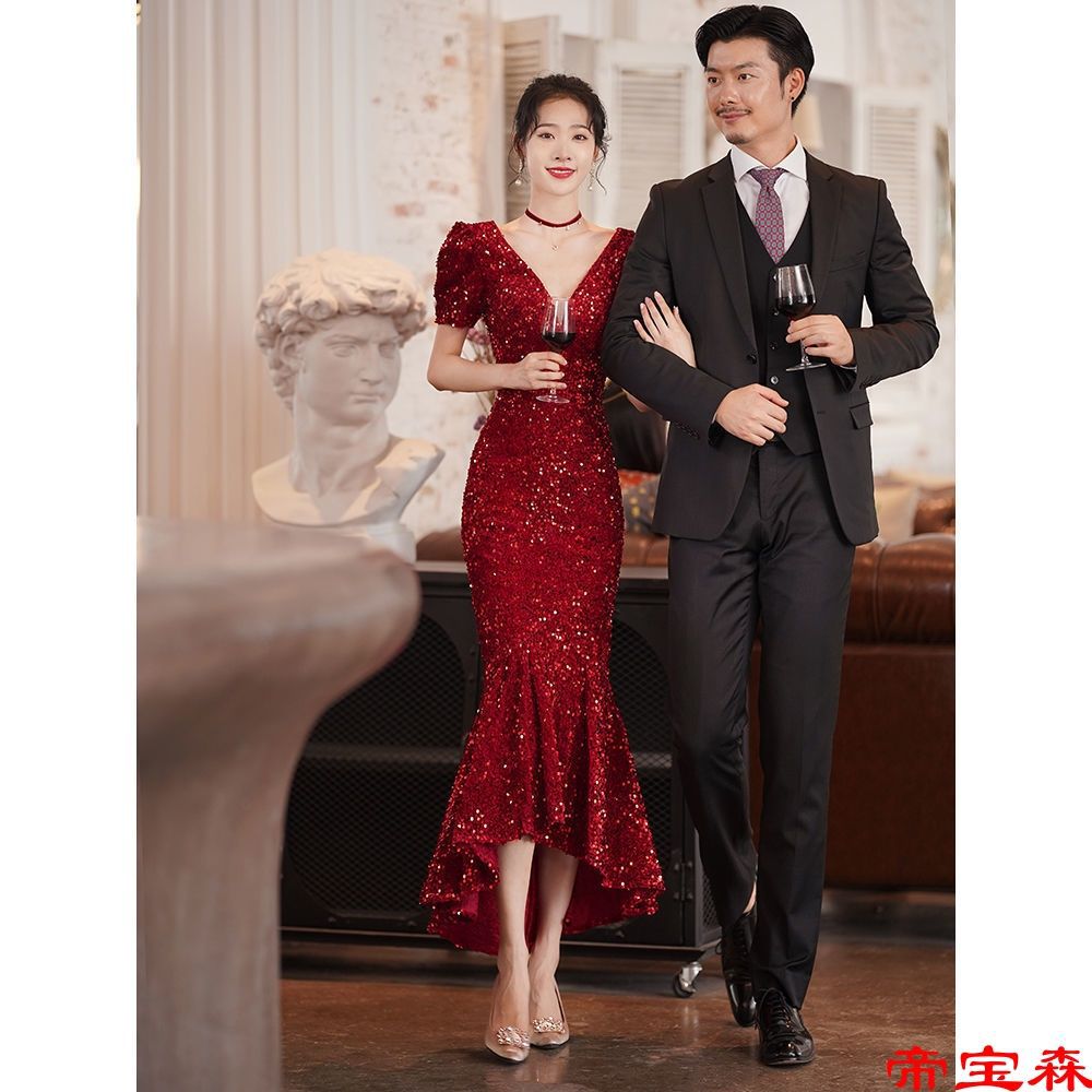 深v領敬酒服夏季新娘訂婚答謝宴禮服宴會酒紅色晚禮服女魚尾高貴