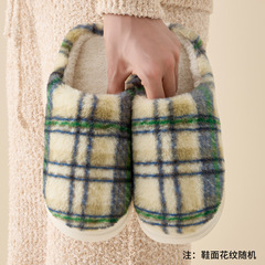 时尚复古格子棉拖鞋女秋冬季室内家居家用厚底静音毛绒保暖拖鞋男