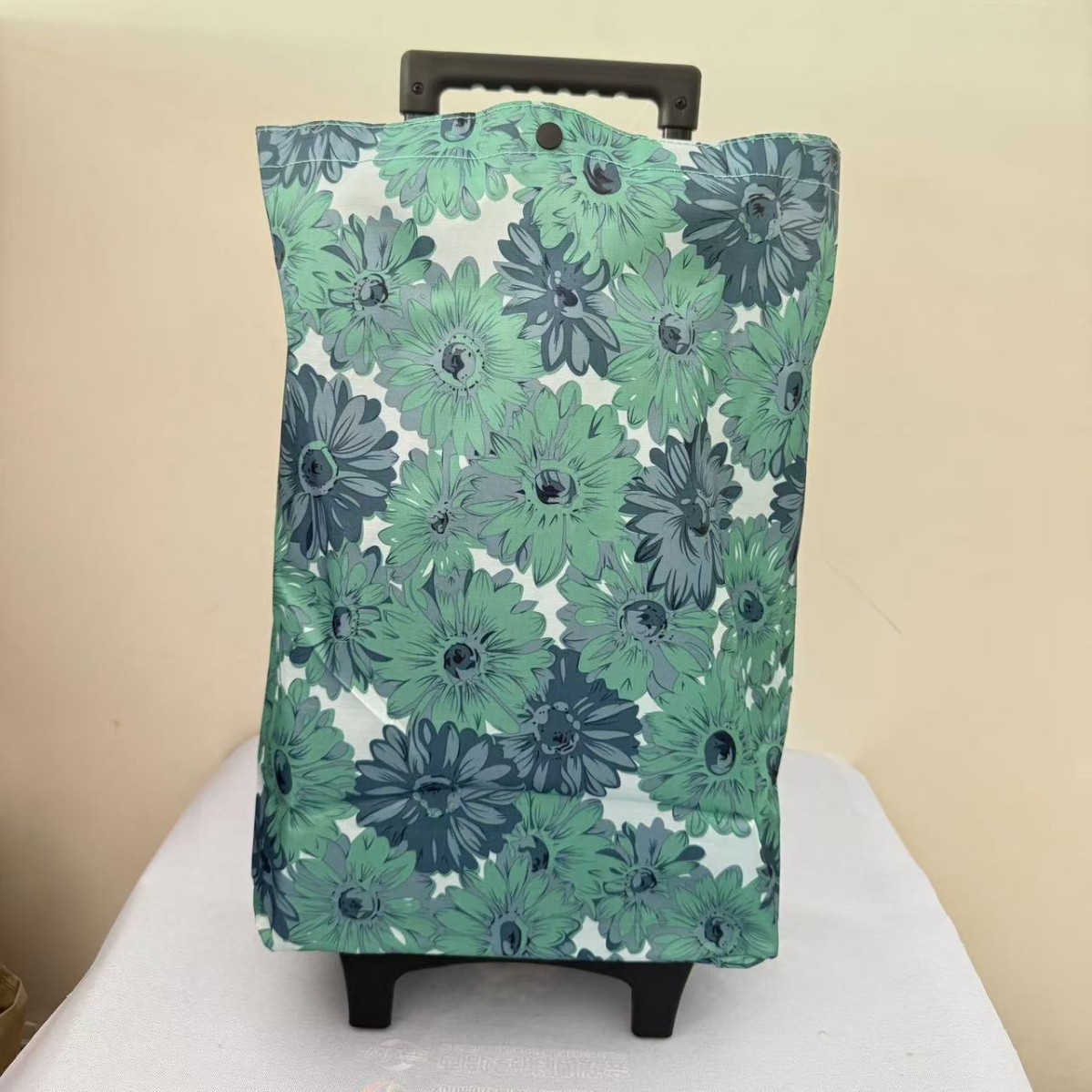 Foldable Shopping Cart with Wheels for Home Use, Retractable Trolley with Printed Design, Small Wheeled Shopping Cart with Shopping Bag