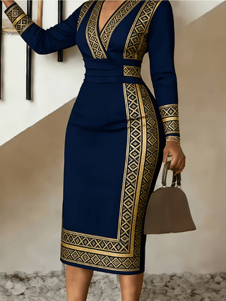 New Women's Elegant V Neck Long Sleeve Dress Style Digital Print_ecoleips.com