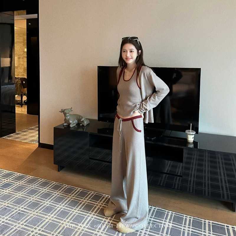 韩系轻奢风撞色背心开衫休闲裤睡衣女秋冬季慵懒风可外穿三件套|undefined