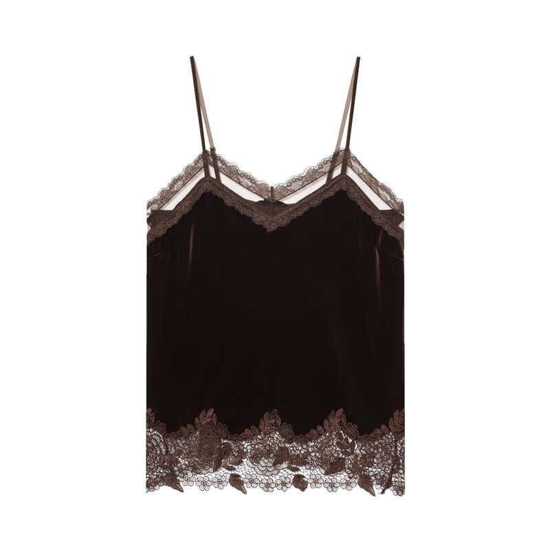 European and American Autumn New Women's Fashion Elegant Sleeveless Slim-Fit Lace Velvet Camisole Top