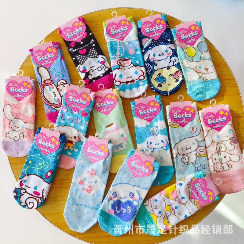 Японские носки-лодочки с рисунком Sanrio, серия Cinnamoroll с большими ушами, короткие силиконовые носки с изображением коричного щенка