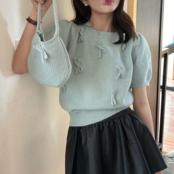 春夏甜美短袖立体蝴蝶结减龄泡泡袖上衣韩版洋气时髦短袖针织衫女