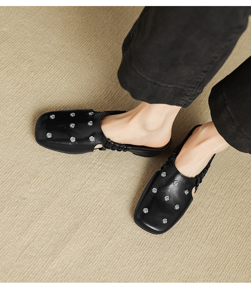 Dép sandal nữ quai chữ V mũi hoa, gót xuồng da dê, đế bệt thoải mái — đen chi tiết 20