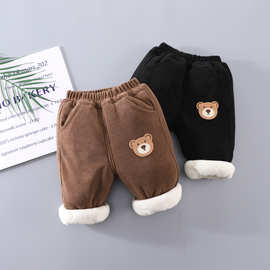 男童加厚棉裤2025冬季新款儿童三层夹棉长裤宝宝冬装卡通熊头棉裤