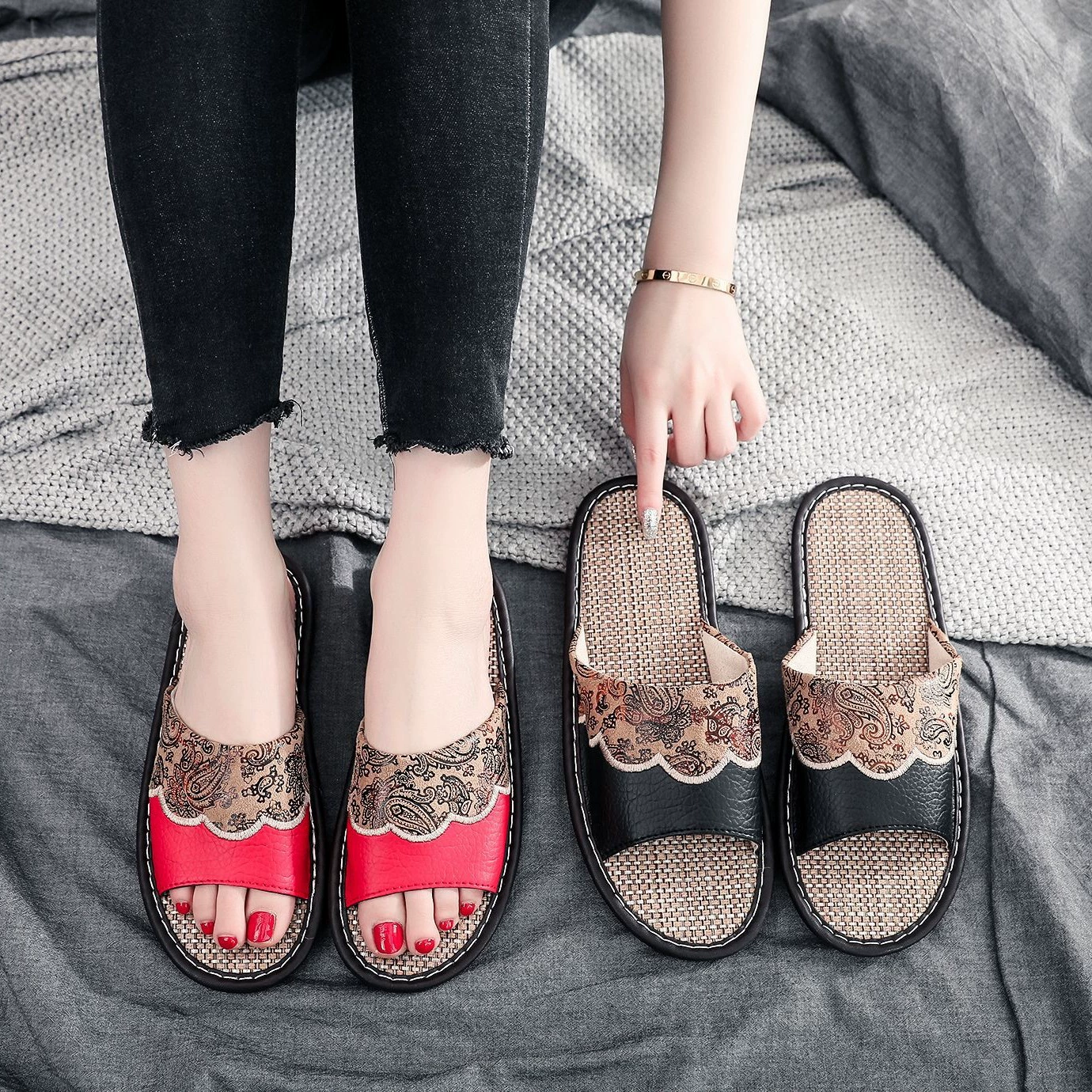 Обработанные льняные тапочки летние европейские домашние холодные тапочки