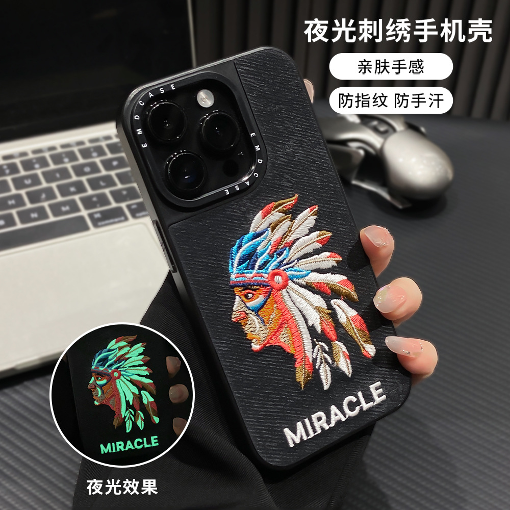 Suitable for Apple 16/17 Promax Embroidered Phone Case with Luminous Effect, Creative 13/15 Indian Design with a High-End Feel