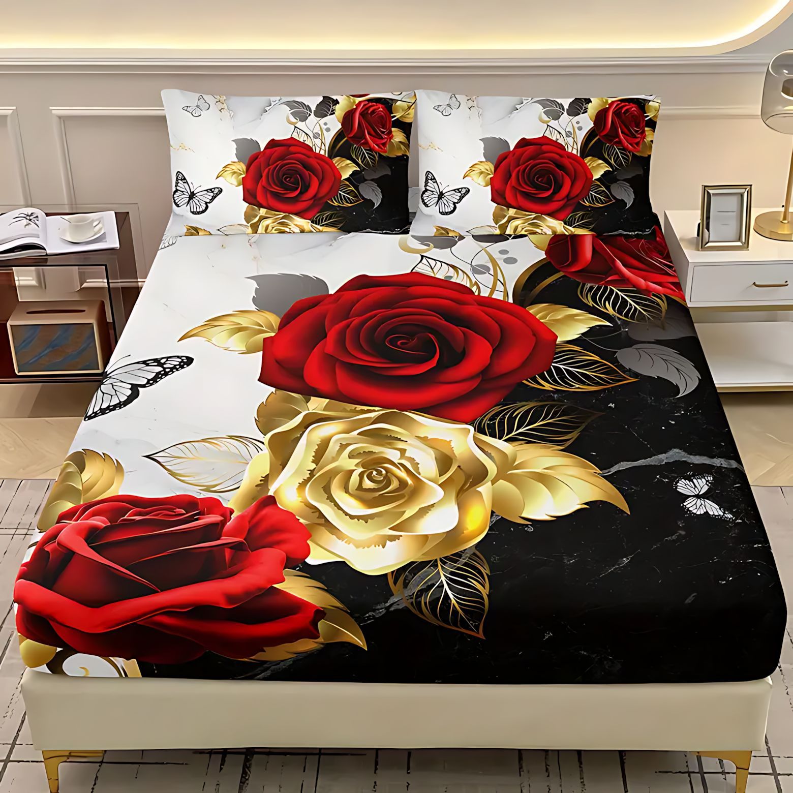 TEMU / JIT serie de rosa dorada negra impresión digital HD cama camisa colchón conjunto de dibujo se puede ajustar