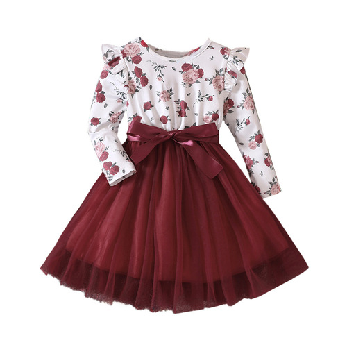 EW Foreign Trade Kids' Clothing: New Spring/Autumn Collection — Girls' Long-Sleeve Printed Mesh Dress with Flared Sleeves, Q1409-A