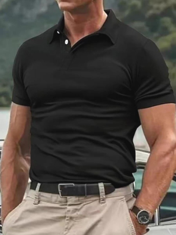 美式冰丝棉纯色POLO衫肌肉男修身弹力短袖翻领工装T恤紧袖保罗衫|undefined