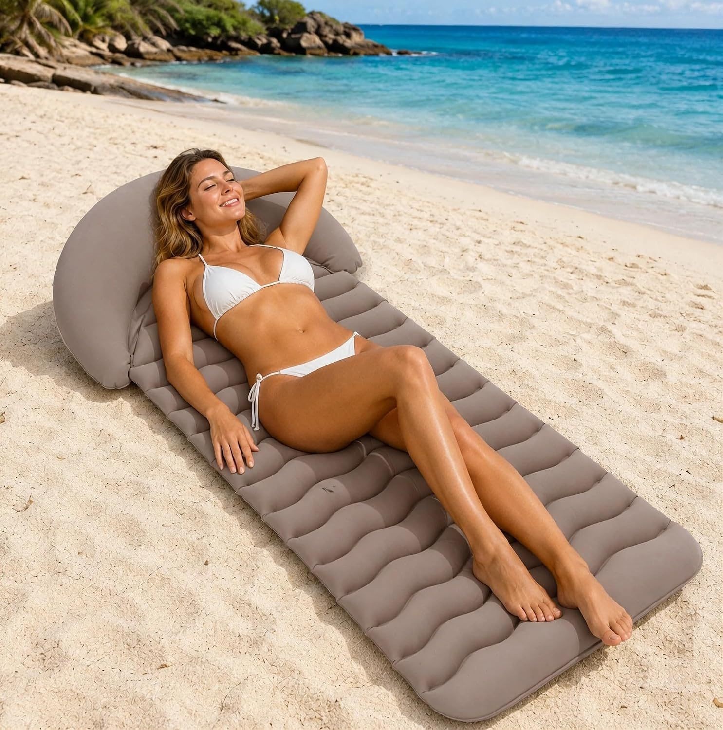 Cross-border PVC sunbathing inflatable beach mat, outdoor flocked inflatable beach lounger, portable inflatable sunbathing mat