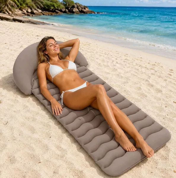 Cross-border PVC sunbathing inflatable beach mat, outdoor flocked inflatable beach lounger, portable inflatable sunbathing mat