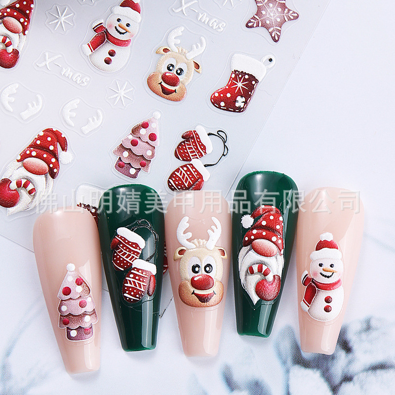 新品レリーフクリスマスネイルシールins风冬クリスマス雪だるまヘラジカ手袋バックゴム爪シール|undefined