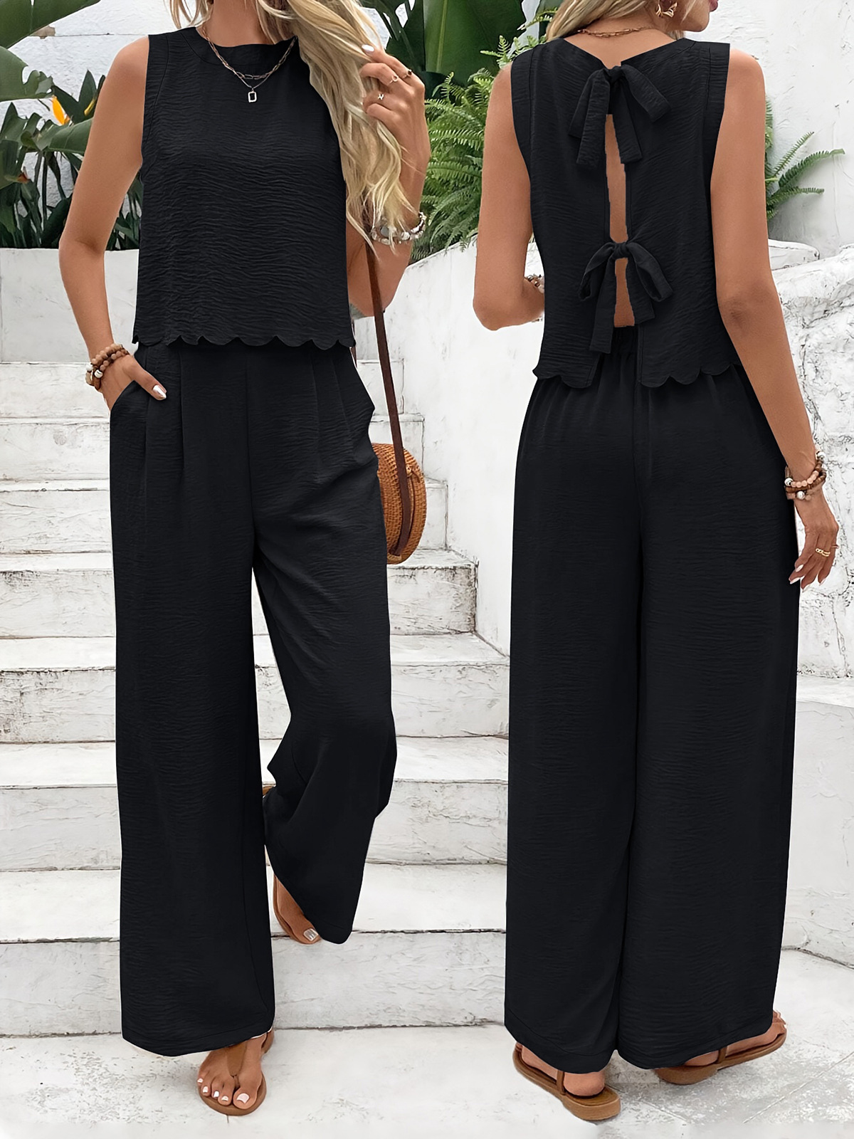 357g Weight Sleeveless Sleeve Length Polyester Fabric Type Pant Co-ord Set Sets Type 2 Pieces Set Quantity Casual, Street Occasion Round Neck Neckline Regular Fit Fit Type Solid Color Pattern Summer Season Women's Gender Casual, Classic Style Style Casual Street Women's Casual Classic Style Solid Color Polyester Pant Co-ord Set Pants Sets 11