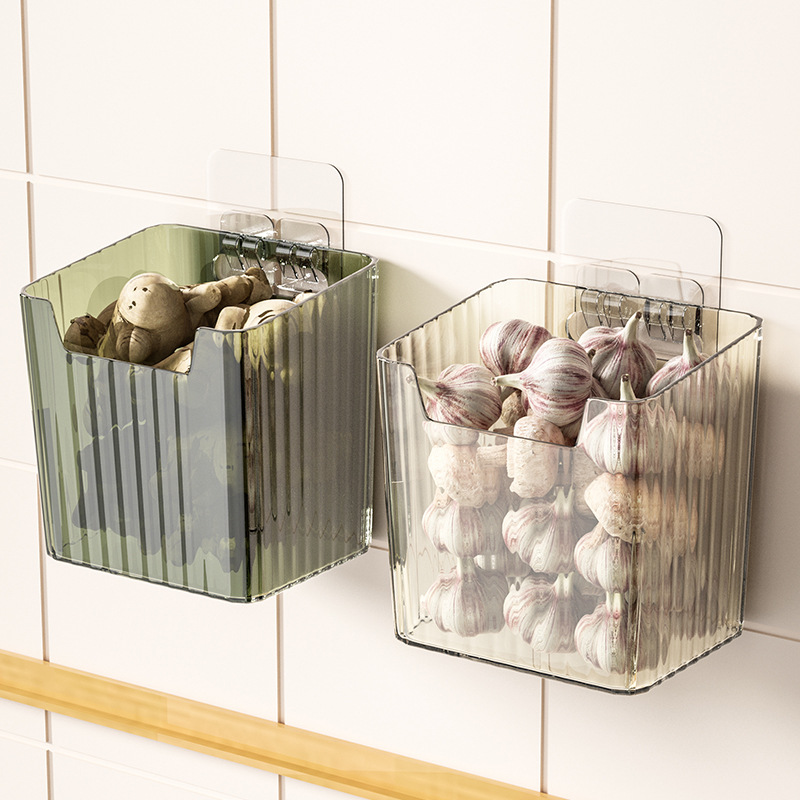 Onion, ginger, and garlic storage basket, kitchen placement for scallions and garlic heads, wall-mounted item basket, ginger and garlic storage box, hanging vegetable box on the wall