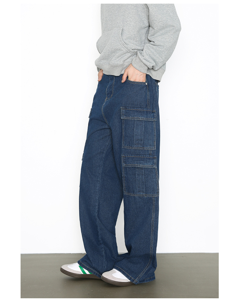 Vintage Washed Denim Cargo Pants - Relaxed Fit Multi-Pocket Workwear Jeans For Men_mkmklike.com