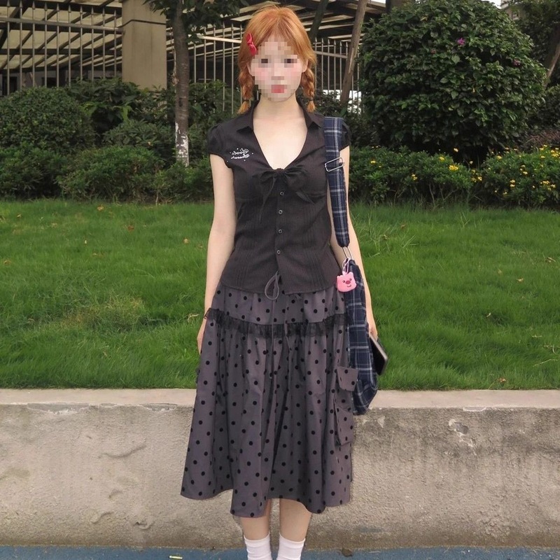 甜美减龄风黑色单排扣短袖衬衫上衣女夏季宽松显瘦半身裙两件套装|undefined
